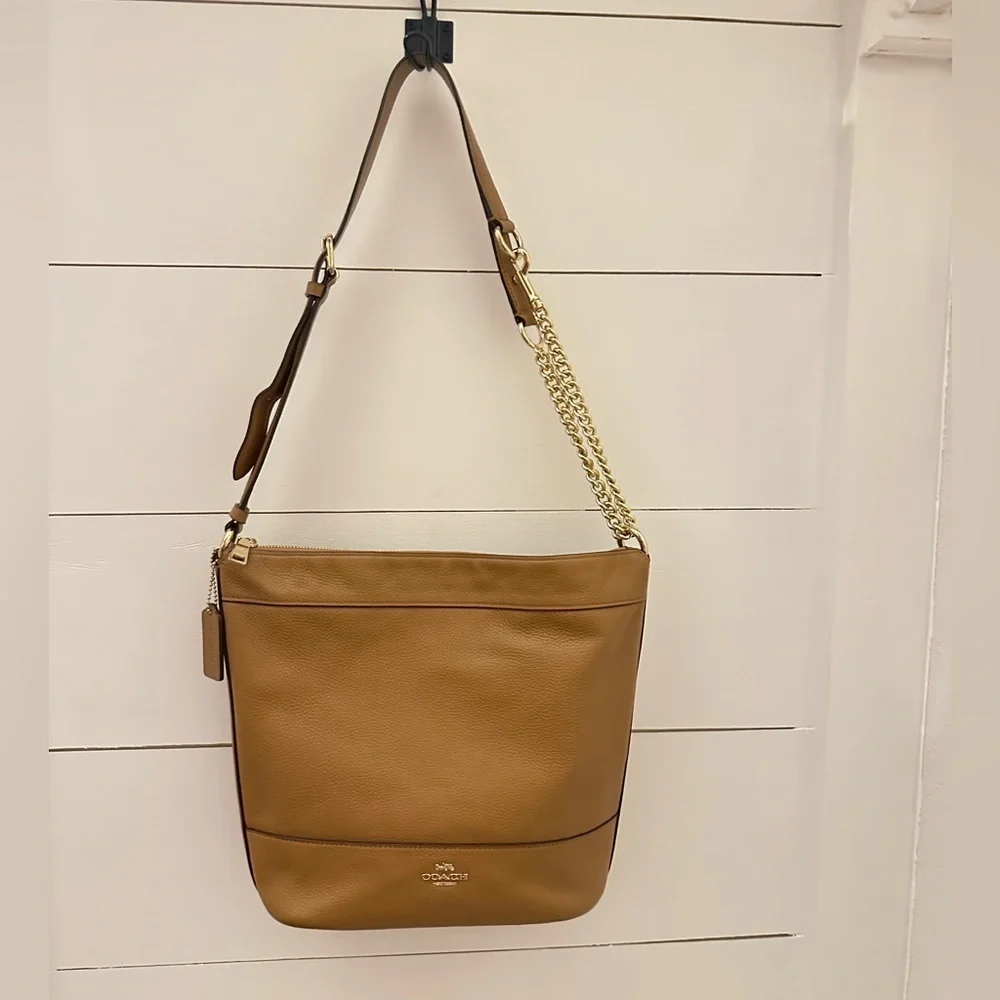 Coach Paxton Duffle Pebbled Leather Convertible Chain Strap Shoulder Bag Tan Cam